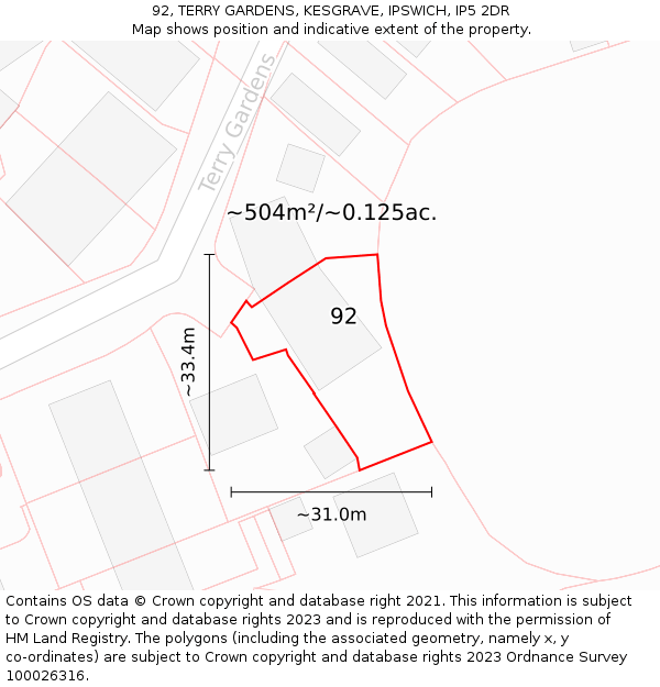 92, TERRY GARDENS, KESGRAVE, IPSWICH, IP5 2DR: Plot and title map