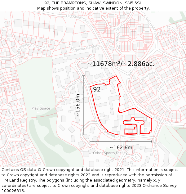 92, THE BRAMPTONS, SHAW, SWINDON, SN5 5SL: Plot and title map