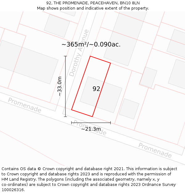 92, THE PROMENADE, PEACEHAVEN, BN10 8LN: Plot and title map