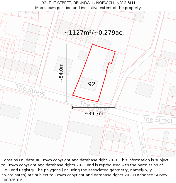 92, THE STREET, BRUNDALL, NORWICH, NR13 5LH: Plot and title map