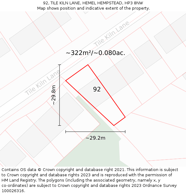 92, TILE KILN LANE, HEMEL HEMPSTEAD, HP3 8NW: Plot and title map