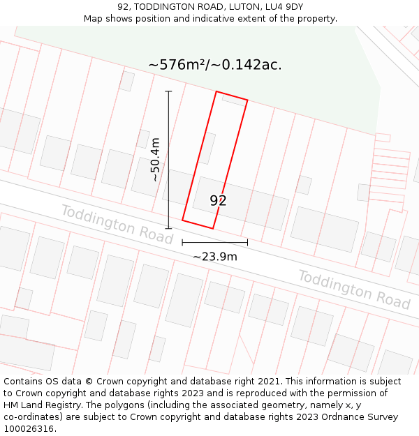 92, TODDINGTON ROAD, LUTON, LU4 9DY: Plot and title map