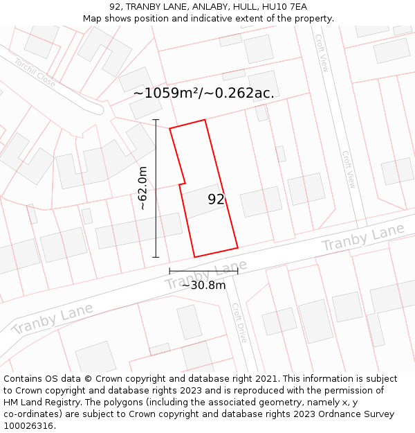 92, TRANBY LANE, ANLABY, HULL, HU10 7EA: Plot and title map