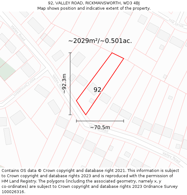 92, VALLEY ROAD, RICKMANSWORTH, WD3 4BJ: Plot and title map