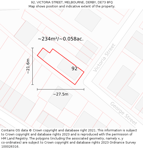 92, VICTORIA STREET, MELBOURNE, DERBY, DE73 8FQ: Plot and title map