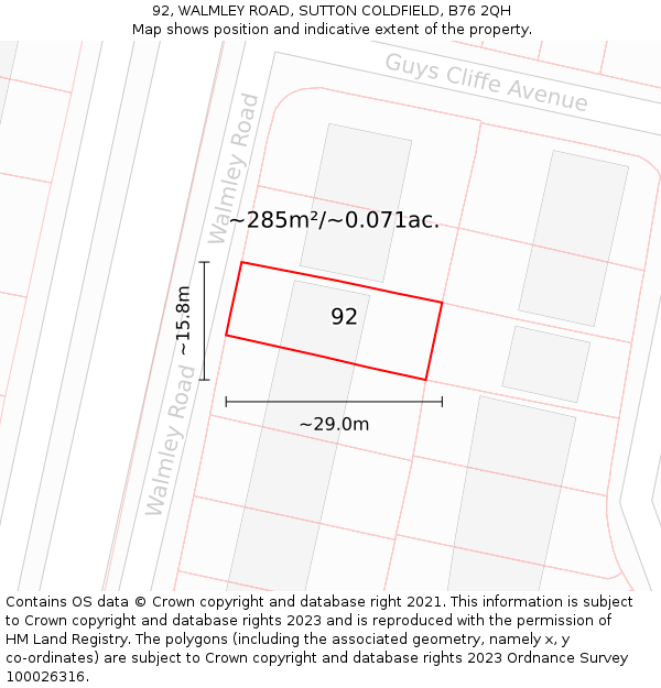 92, WALMLEY ROAD, SUTTON COLDFIELD, B76 2QH: Plot and title map