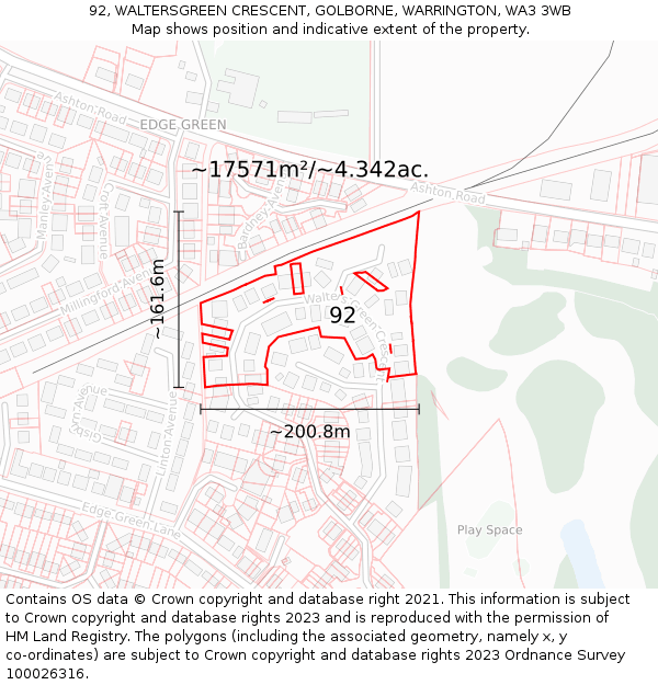 92, WALTERSGREEN CRESCENT, GOLBORNE, WARRINGTON, WA3 3WB: Plot and title map