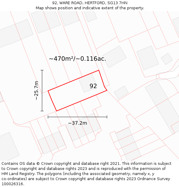 92, WARE ROAD, HERTFORD, SG13 7HN: Plot and title map