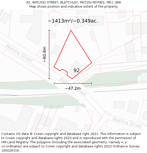 92, WATLING STREET, BLETCHLEY, MILTON KEYNES, MK1 1BW: Plot and title map