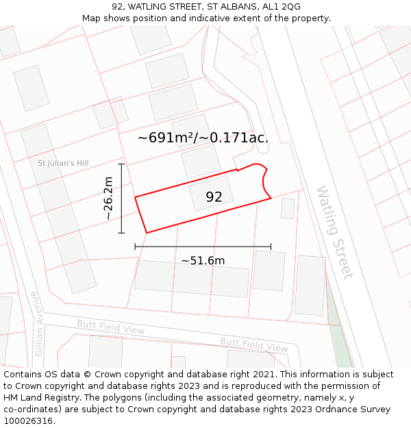 92, WATLING STREET, ST ALBANS, AL1 2QG: Plot and title map