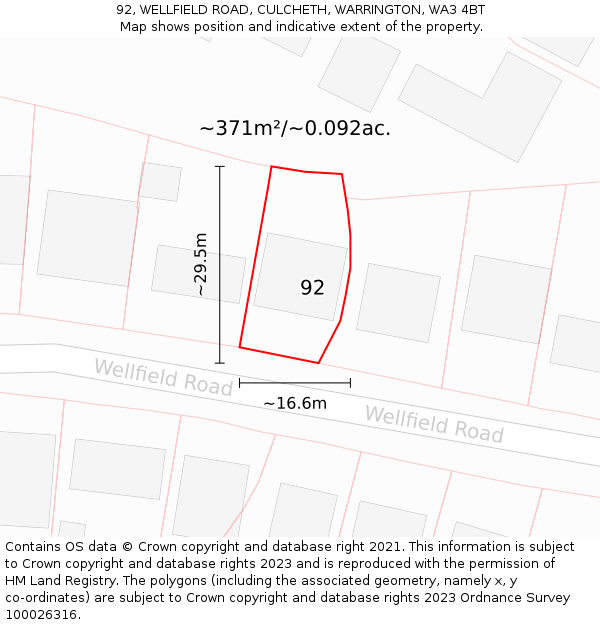 92, WELLFIELD ROAD, CULCHETH, WARRINGTON, WA3 4BT: Plot and title map