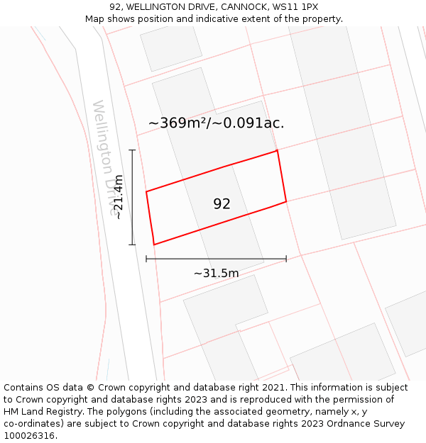 92, WELLINGTON DRIVE, CANNOCK, WS11 1PX: Plot and title map