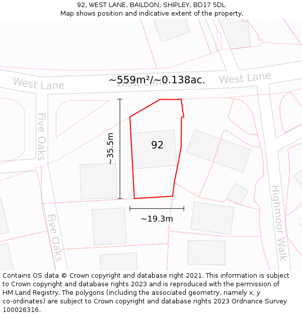 92, WEST LANE, BAILDON, SHIPLEY, BD17 5DL: Plot and title map