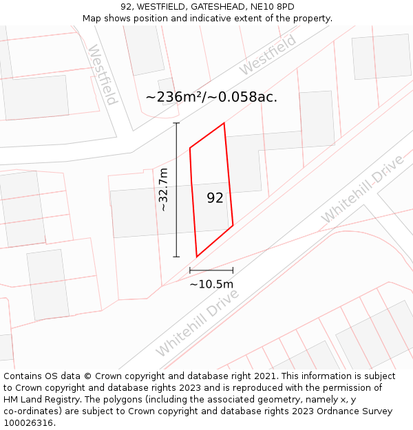 92, WESTFIELD, GATESHEAD, NE10 8PD: Plot and title map