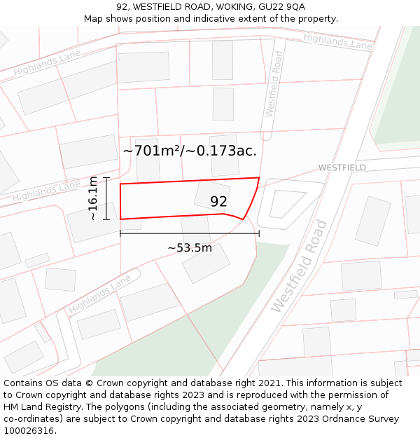 92, WESTFIELD ROAD, WOKING, GU22 9QA: Plot and title map