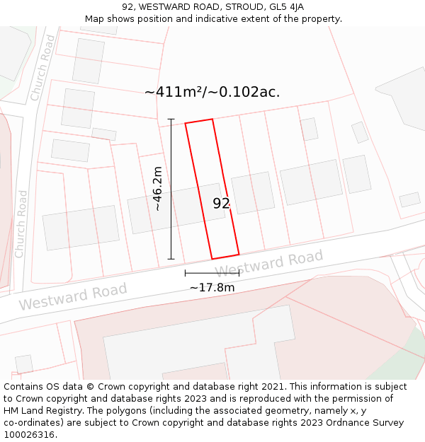 92, WESTWARD ROAD, STROUD, GL5 4JA: Plot and title map