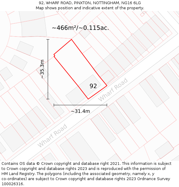 92, WHARF ROAD, PINXTON, NOTTINGHAM, NG16 6LG: Plot and title map