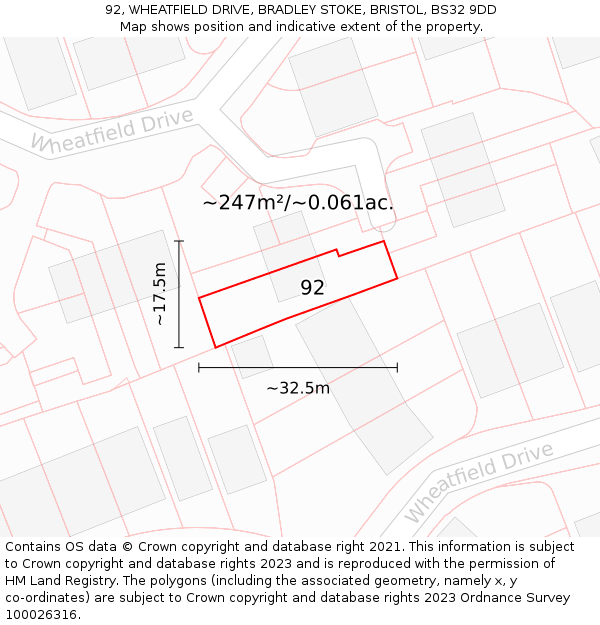 92, WHEATFIELD DRIVE, BRADLEY STOKE, BRISTOL, BS32 9DD: Plot and title map