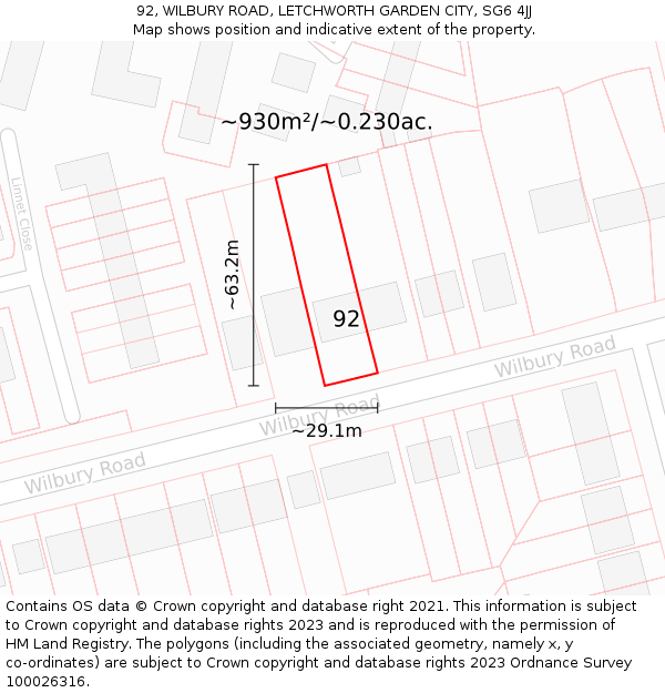 92, WILBURY ROAD, LETCHWORTH GARDEN CITY, SG6 4JJ: Plot and title map