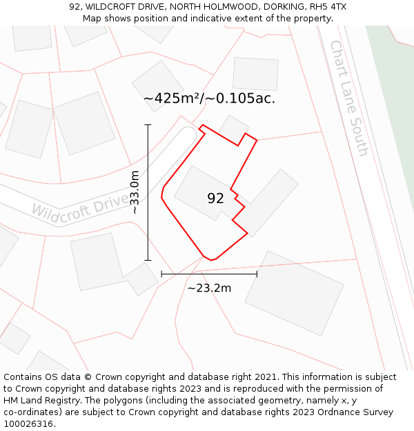 92, WILDCROFT DRIVE, NORTH HOLMWOOD, DORKING, RH5 4TX: Plot and title map