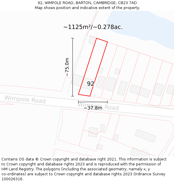 92, WIMPOLE ROAD, BARTON, CAMBRIDGE, CB23 7AD: Plot and title map