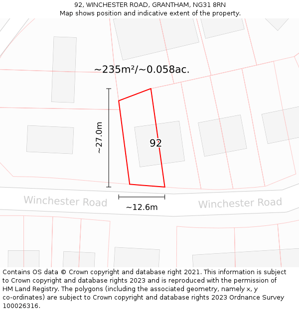 92, WINCHESTER ROAD, GRANTHAM, NG31 8RN: Plot and title map