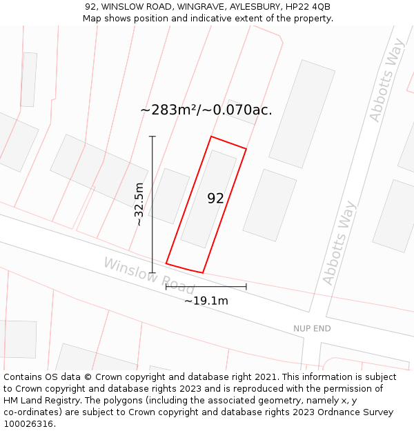 92, WINSLOW ROAD, WINGRAVE, AYLESBURY, HP22 4QB: Plot and title map