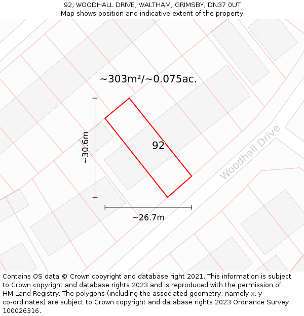 92, WOODHALL DRIVE, WALTHAM, GRIMSBY, DN37 0UT: Plot and title map