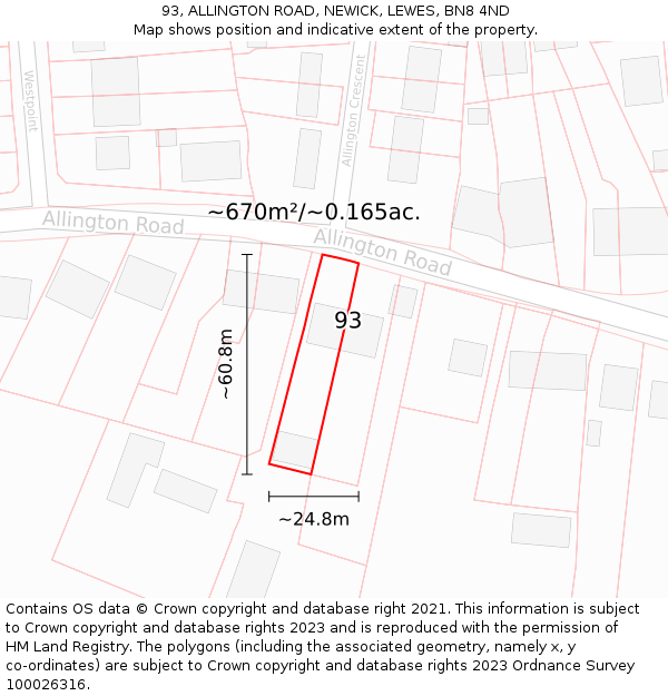 93, ALLINGTON ROAD, NEWICK, LEWES, BN8 4ND: Plot and title map