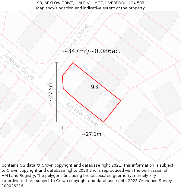 93, ARKLOW DRIVE, HALE VILLAGE, LIVERPOOL, L24 5RR: Plot and title map