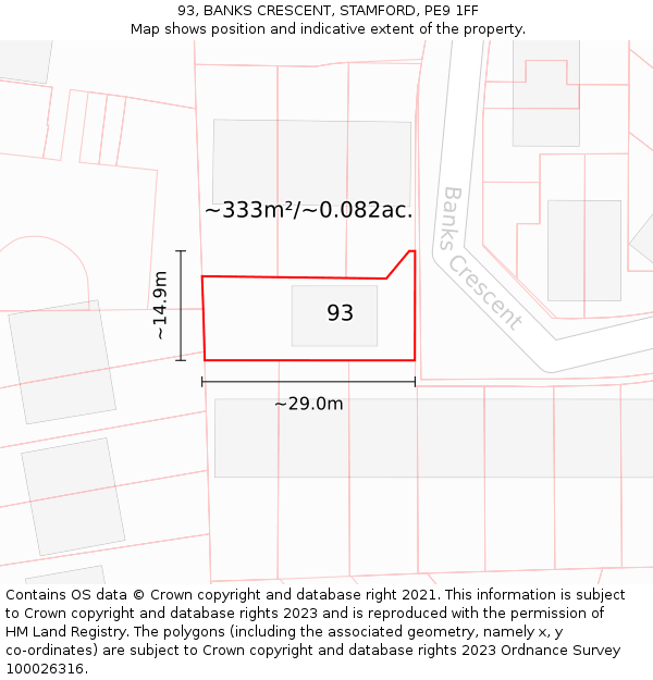 93, BANKS CRESCENT, STAMFORD, PE9 1FF: Plot and title map