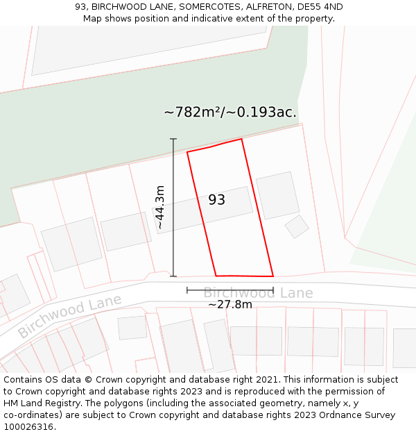 93, BIRCHWOOD LANE, SOMERCOTES, ALFRETON, DE55 4ND: Plot and title map