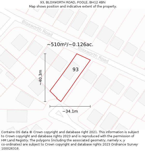 93, BLOXWORTH ROAD, POOLE, BH12 4BN: Plot and title map