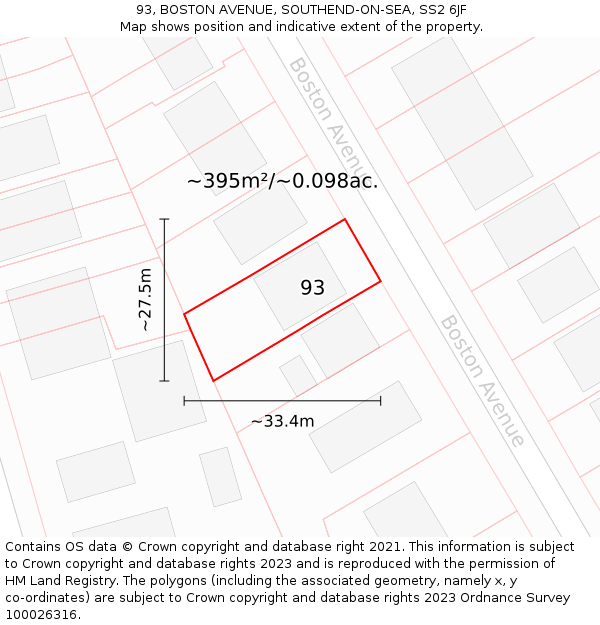 93, BOSTON AVENUE, SOUTHEND-ON-SEA, SS2 6JF: Plot and title map