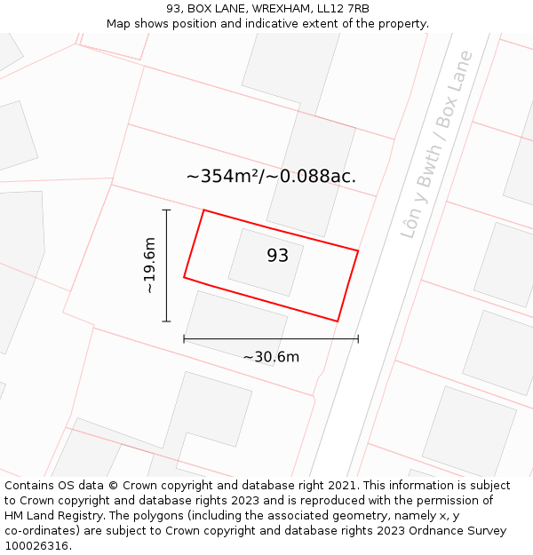 93, BOX LANE, WREXHAM, LL12 7RB: Plot and title map