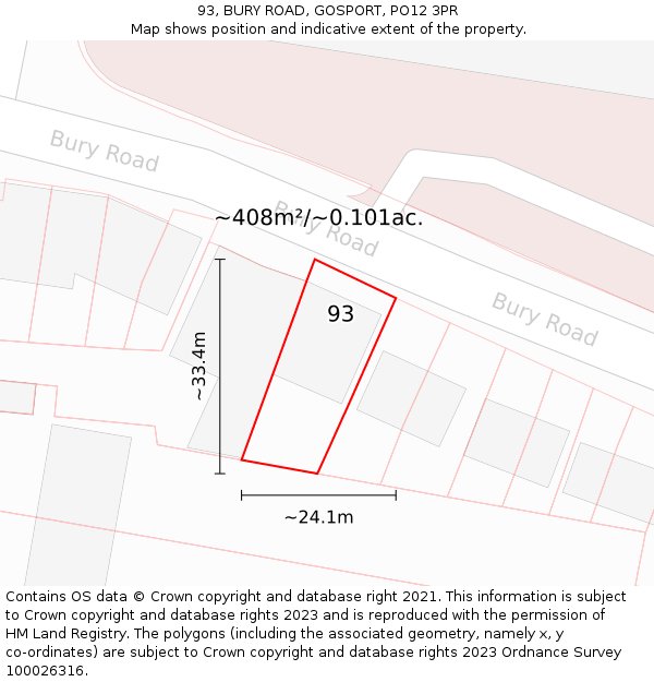 93, BURY ROAD, GOSPORT, PO12 3PR: Plot and title map