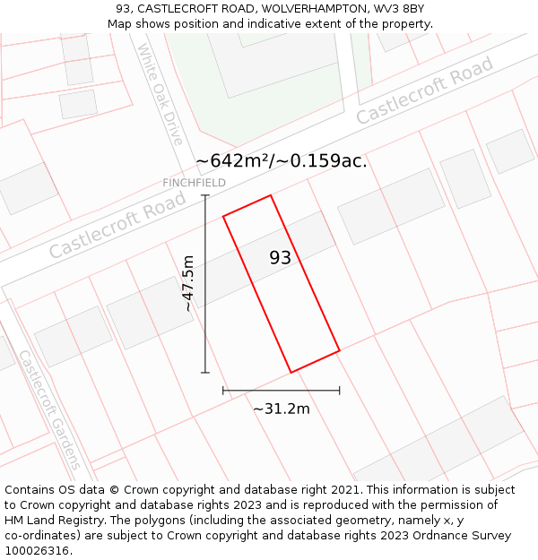 93, CASTLECROFT ROAD, WOLVERHAMPTON, WV3 8BY: Plot and title map