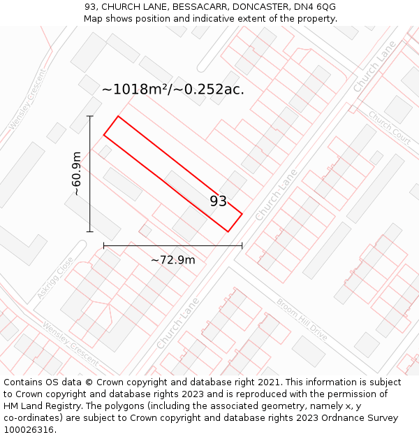 93, CHURCH LANE, BESSACARR, DONCASTER, DN4 6QG: Plot and title map