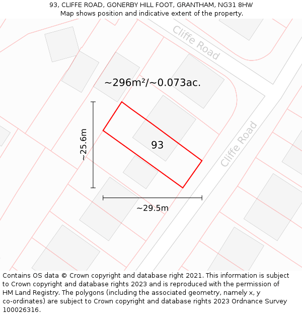 93, CLIFFE ROAD, GONERBY HILL FOOT, GRANTHAM, NG31 8HW: Plot and title map