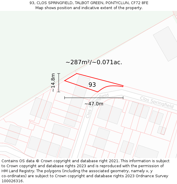 93, CLOS SPRINGFIELD, TALBOT GREEN, PONTYCLUN, CF72 8FE: Plot and title map
