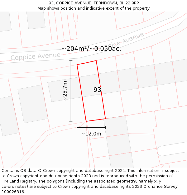 93, COPPICE AVENUE, FERNDOWN, BH22 9PP: Plot and title map