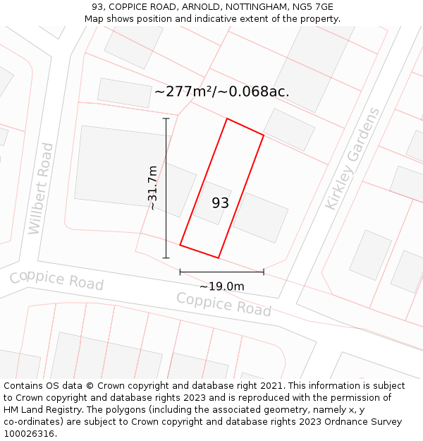 93, COPPICE ROAD, ARNOLD, NOTTINGHAM, NG5 7GE: Plot and title map