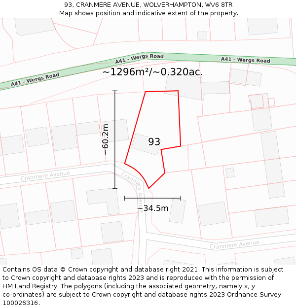 93, CRANMERE AVENUE, WOLVERHAMPTON, WV6 8TR: Plot and title map