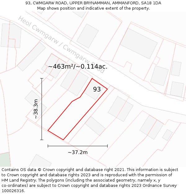 93, CWMGARW ROAD, UPPER BRYNAMMAN, AMMANFORD, SA18 1DA: Plot and title map