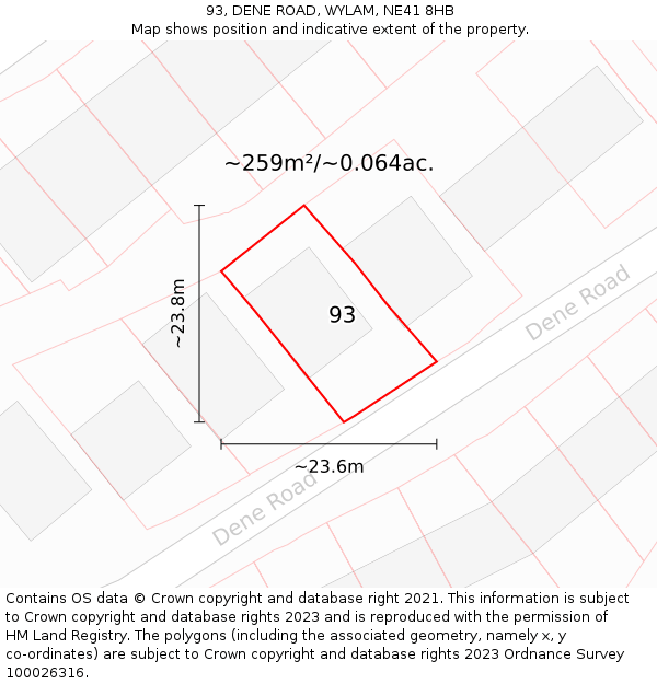 93, DENE ROAD, WYLAM, NE41 8HB: Plot and title map
