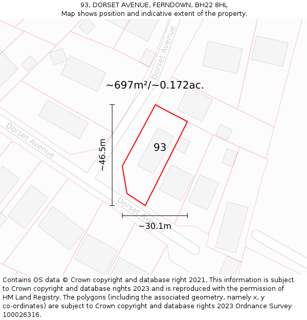 93, DORSET AVENUE, FERNDOWN, BH22 8HL: Plot and title map