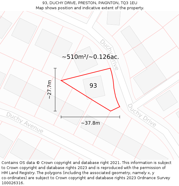 93, DUCHY DRIVE, PRESTON, PAIGNTON, TQ3 1EU: Plot and title map