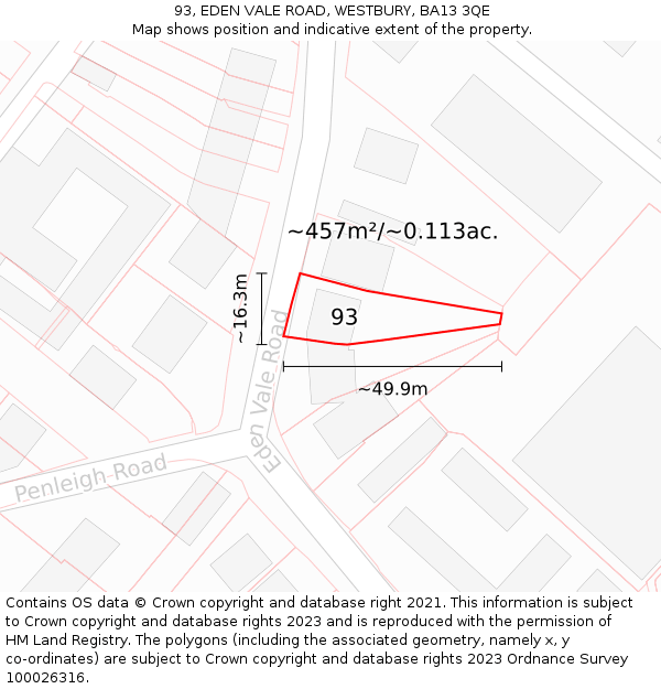 93, EDEN VALE ROAD, WESTBURY, BA13 3QE: Plot and title map