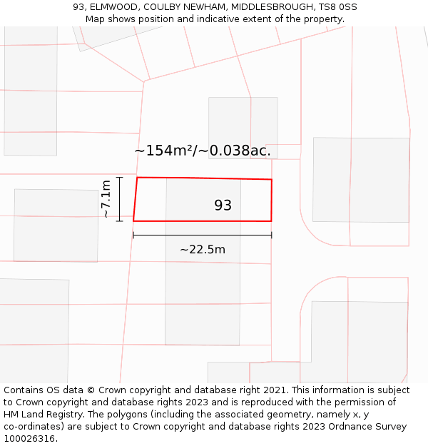 93, ELMWOOD, COULBY NEWHAM, MIDDLESBROUGH, TS8 0SS: Plot and title map