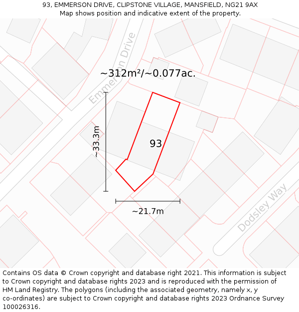 93, EMMERSON DRIVE, CLIPSTONE VILLAGE, MANSFIELD, NG21 9AX: Plot and title map